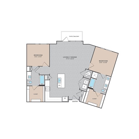 A floor plan of a house with two bedrooms, a living/dining area, a kitchen, a bathroom, and a closet.
